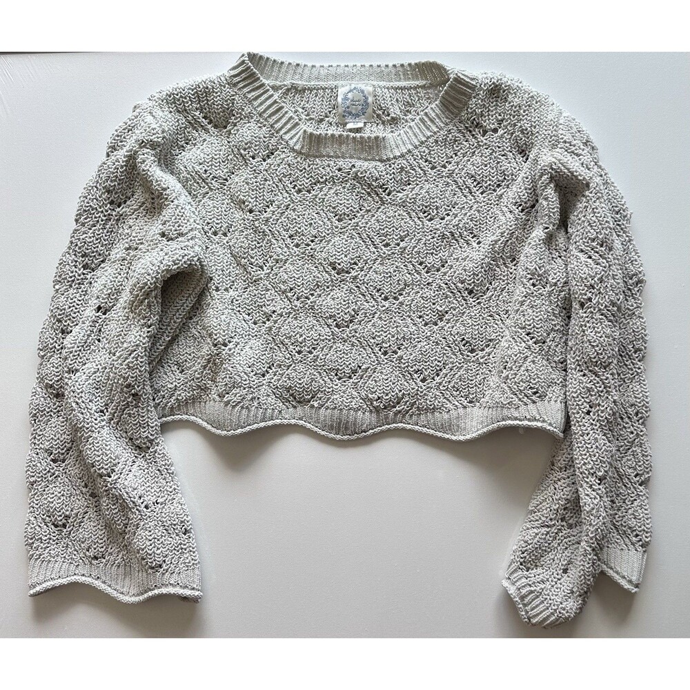 Blue Rain Cropped Knit Sweater Womens M Cream Textured Boho Chunky Cozy Top